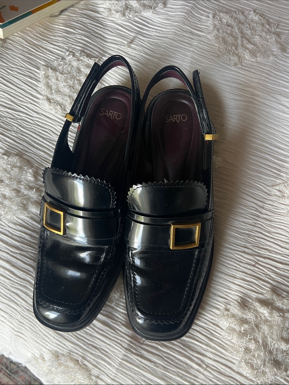 SARTO By Franco Sarto Black Patent Loafers with Gold Buckle